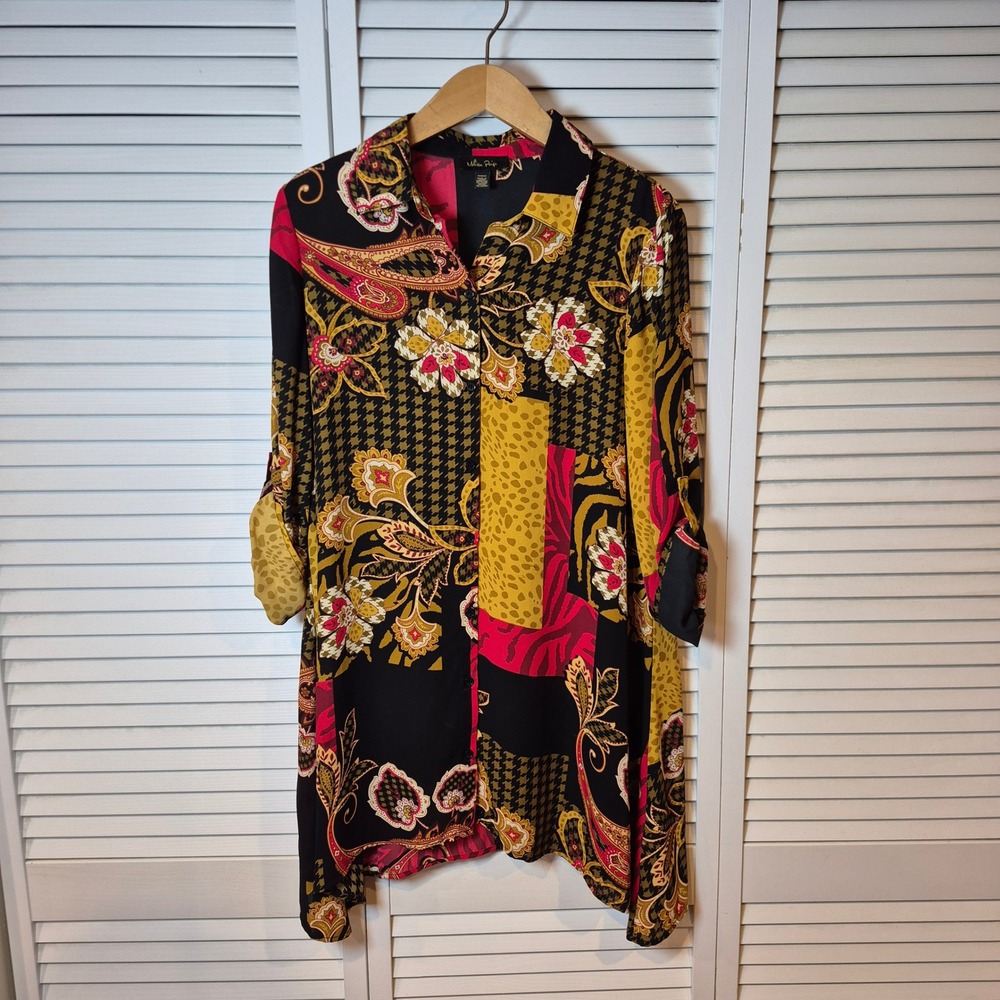 Melissa Paige Patchwork Print Tunic Top‎ Black Red Yellow Roll Tab Sleeve M/L